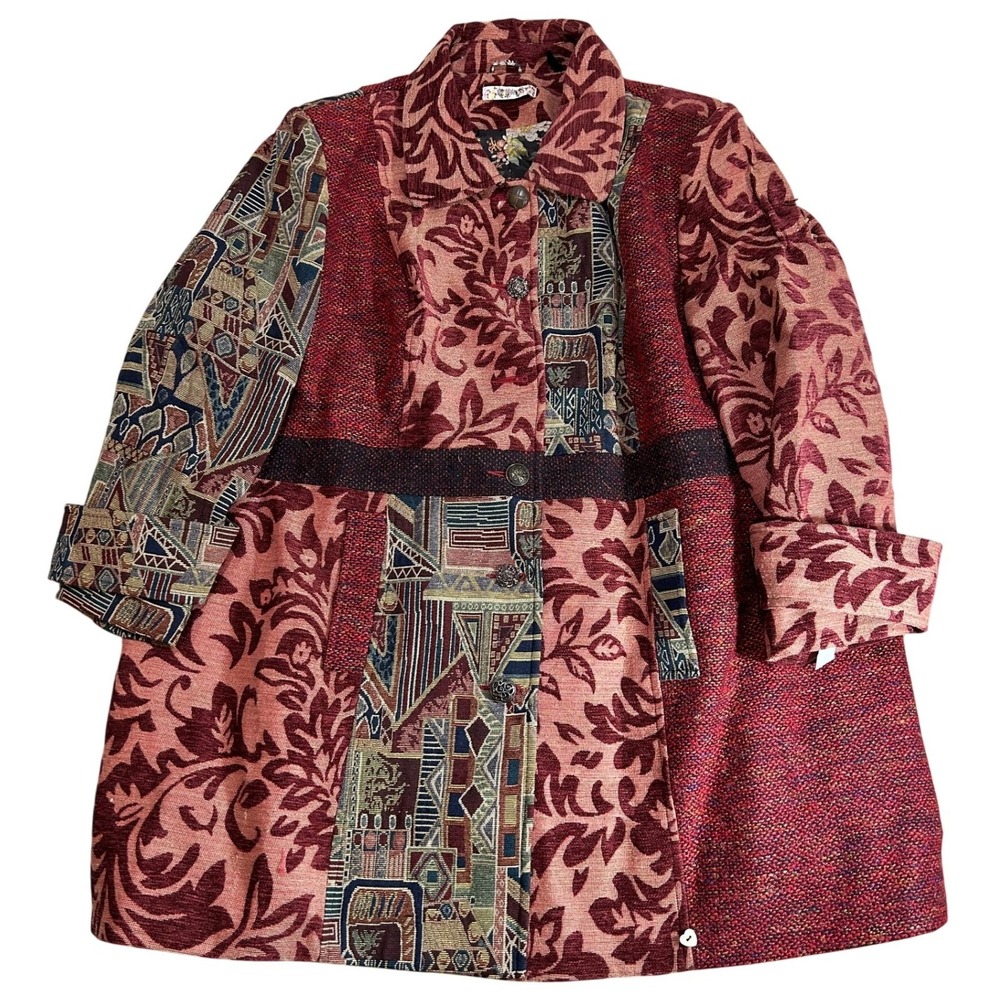 Joe Browns Womens Plus Size 28 Patchwork Tapestry Coat Red Boho Art Wear Mixed